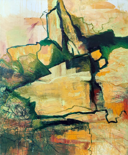 A noise behind the rocks. Something is looking at me. Tracks on the ground. von Jörg Kuplens, Malerei kaufen auf Singulart