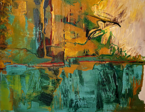 the day is coming to an end. I sit down and look at the lake. van Jörg Kuplens, Schilderij te koop op Singulart
