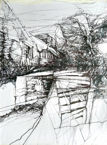 small town view. in the past #1 van Jörg Kuplens, Tekening te koop op Singulart