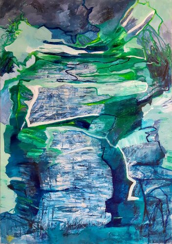 In the evening after the rain. The river is loud and cold. I walk faster. van Jörg Kuplens, Schilderij te koop op Singulart