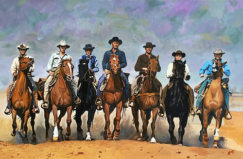 Scène culte 21 - Les sept mercenaires di Arnaud Feuga, Pittura in vendita su Singulart