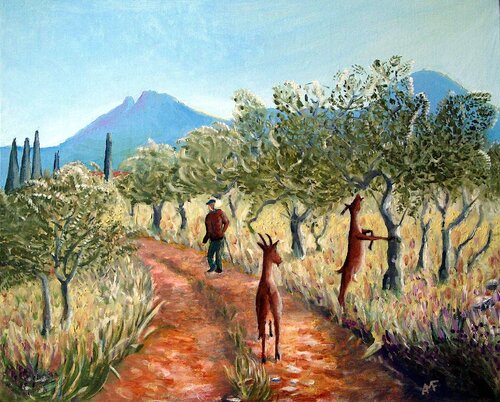Chèvres et oliviers di Arnaud Feuga, Pittura in vendita su Singulart