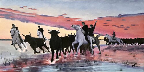 Tri des taureaux au Vacarès di Arnaud Feuga, Pittura in vendita su Singulart