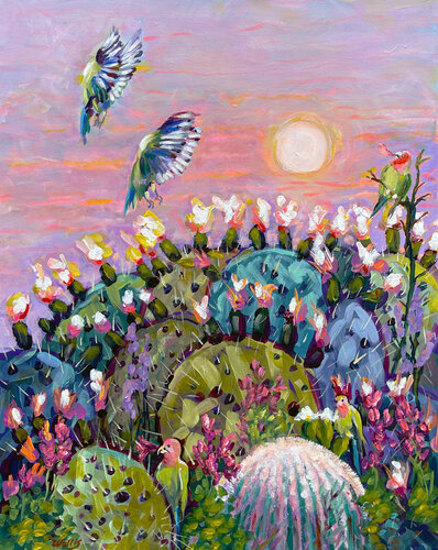 Arizona Love Birds Celebrate The Cactus Blossoms Every Spring von Charles Wallis, Malerei kaufen auf Singulart