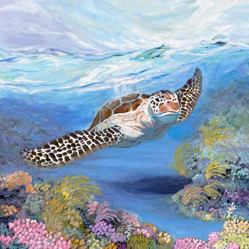 Sea Turtle Swimming Through The Coral von Charles Wallis, Malerei kaufen auf Singulart