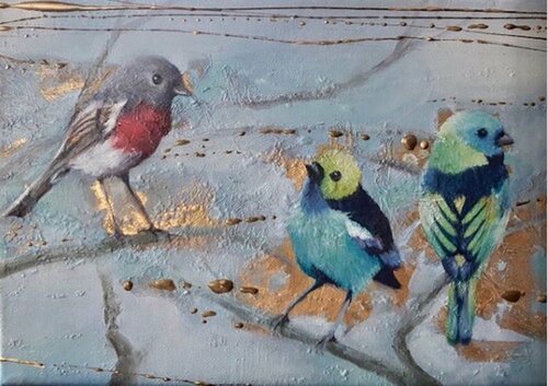 Small birds,comunication. van Simona Marziani, Schilderij te koop op Singulart