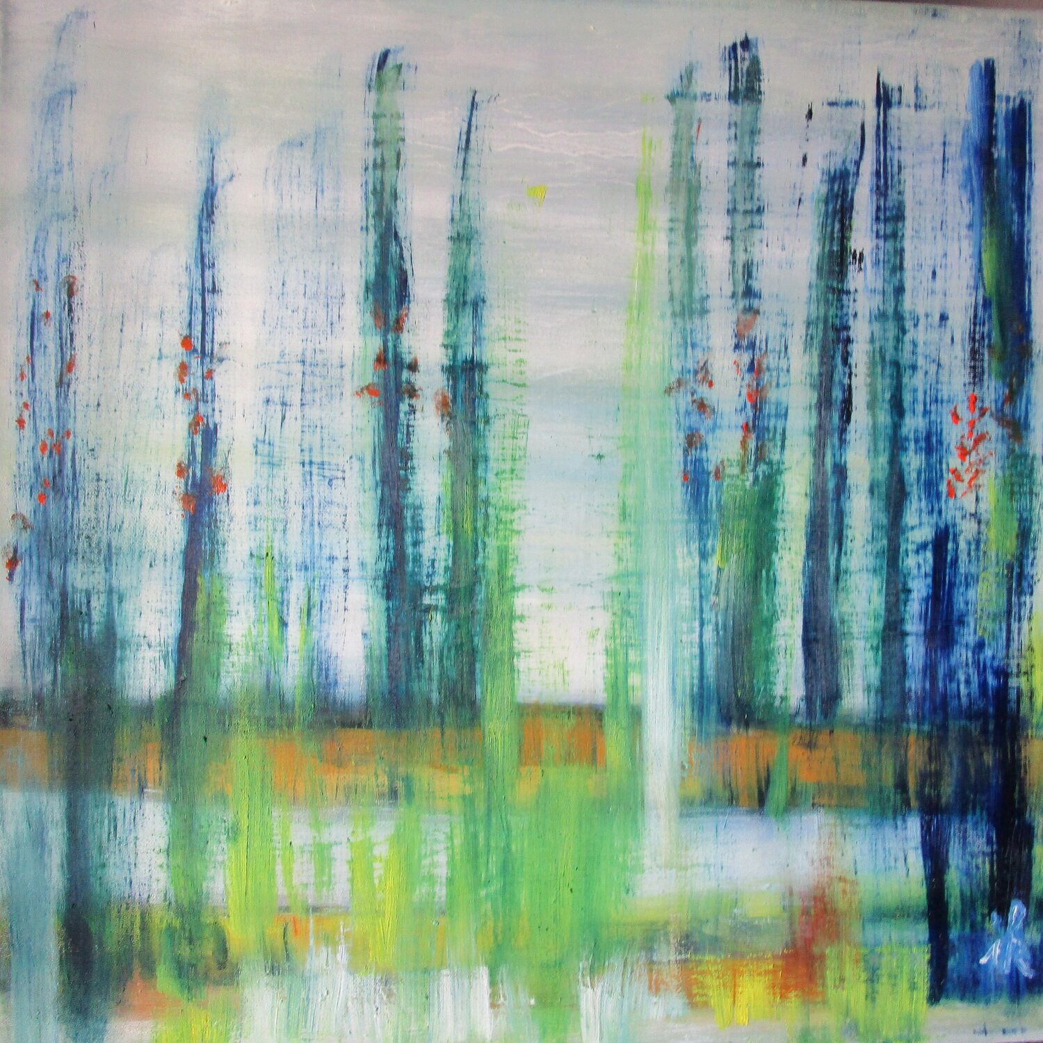 Ebereschen vor Hinterhoffassade, Öl auf Leinwand, 40 x 40 cm von Ingrid ...