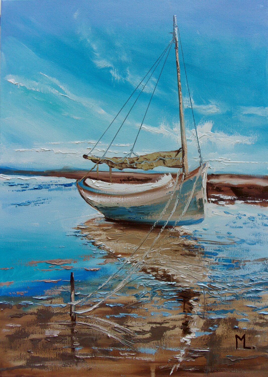 SEASHORE ... " SHIP BOAT SAIL original painting palette knife GIFT MODERN  URBAN ART OFFICE ART DECOR HOME DECOR GIFT IDEA (2020) by Monika Luniak  (2020) : Painting Oil on Canvas - SINGULART