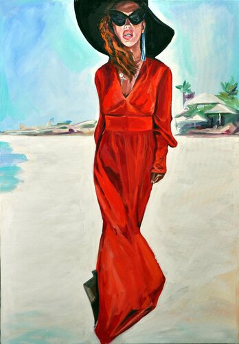 WOMAN IN RED - red dress, woman, beach, black hat, sunglasses, oil painting, gift, dream, red, wall art, interior art van Sasha Robinson, Schilderij te koop op Singulart