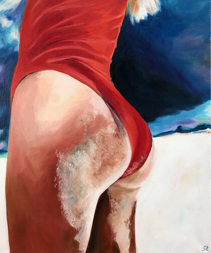 SWEET AS CANDY - oil painting, original gift, girl, red swimsuit, blonde, office decor, home interior, wall art van Sasha Robinson, Schilderij te koop op Singulart