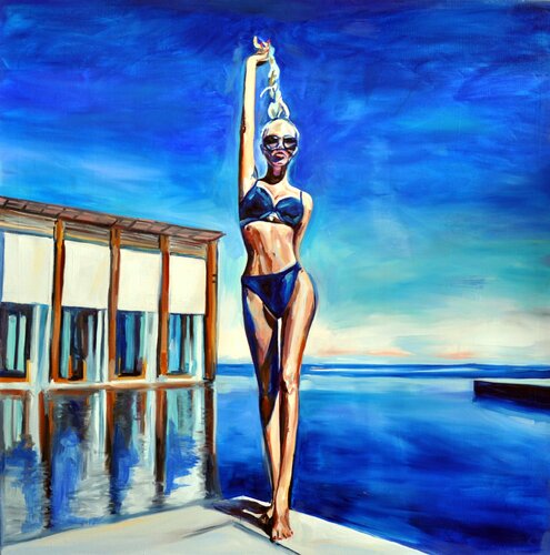 GET HIGH - oil painting on canvas, blue marine, blue sky, top model, seaside, GIFT, home decor, office interior, wall art van Sasha Robinson, Schilderij te koop op Singulart