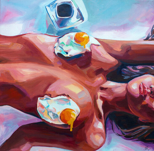 I CAN COOK ALSO - oil painting, eggs, nude, naked woman, erotic art, original gift, home decor, poster, office, pop art van Sasha Robinson, Schilderij te koop op Singulart