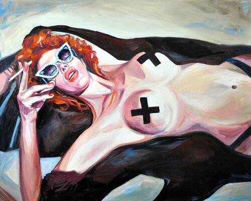 CROSSES - original oil painting great gift idea naked woman erotic art red hair modern nude home decor sex and love van Sasha Robinson, Schilderij te koop op Singulart