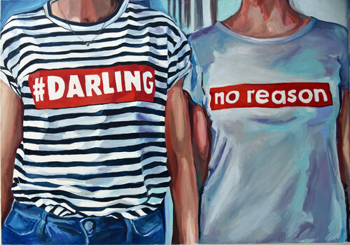DARLING NO REASON - sign on t-shirt oil painting on canvas red grey white and black strips two girls bachelor interior blue jeans pop art home decor di Sasha Robinson, Pittura in vendita su Singulart