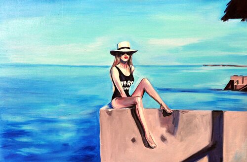 BEA SEASIDE - oil painting on canvas, sea, seaside, seashore, woman, erotic art, hat and sun, wall art, interior design, realism, office art van Sasha Robinson, Schilderij te koop op Singulart