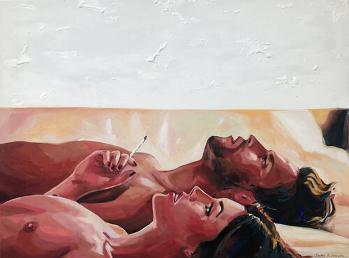AND WHAT? - original oil painting erotic art decor home decor gift idea, man and woman, sex, erotic art, love, naked, nude, cigarette van Sasha Robinson, Schilderij te koop op Singulart
