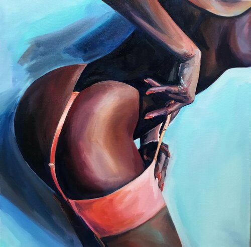 NUDECOMER - original oil painting, naked, nude, legs, woman red heels underwear, wall art, gift van Sasha Robinson, Schilderij te koop op Singulart