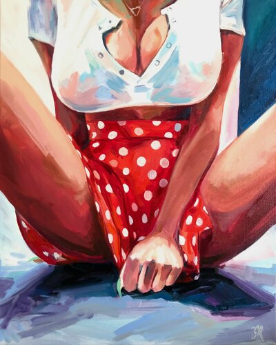 POLKA DOTS - pop art oil painting, original gift, erotic girl, office decor, home interior, wall art van Sasha Robinson, Schilderij te koop op Singulart