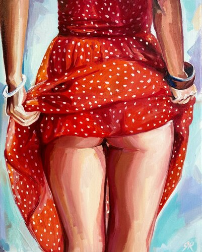 Polka Dress Girl - oil painting, original gift, girl, red, red dress, bud, office decor, home interior, wall art van Sasha Robinson, Schilderij te koop op Singulart