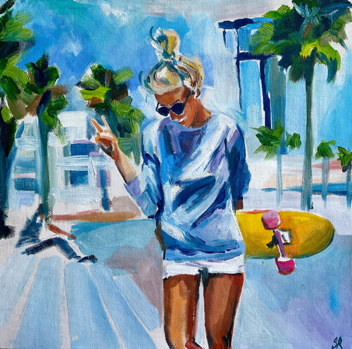 Summer Vibes - oil painting, original gift, summer, palm trees, skate, girl, city, blonde, office decor, home interior, wall art van Sasha Robinson, Schilderij te koop op Singulart