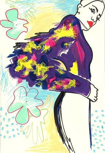 PURPLE FLOWERS - acrylic drawing on paper, original gift, black woman, fashion, woman, wall art by Sasha Robinson, Work on Paper for Sale on Singulart