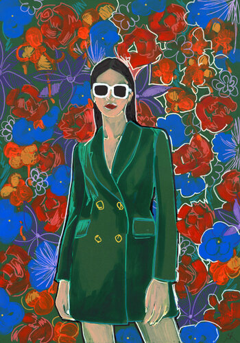 FLORAL GIRL ON GREEN BACKGROUND - Large Abstract Giclée print on Canvas - Limited Edition of 25 Artwork van Sasha Robinson, Afdruk te koop op Singulart