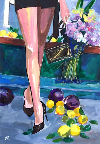 SANGRIA TIME - acrylic painting, yellow lemons and roses, fashion, wall art von Sasha Robinson, Malerei kaufen auf Singulart