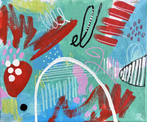 Red and teal abstract - original abstract, simple visual art, gift by Sasha Robinson, Painting for Sale on Singulart