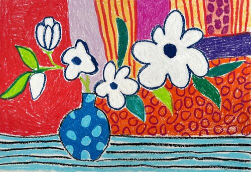 White Flowers in Blue Vase by Sasha Robinson, Work on Paper for Sale on Singulart