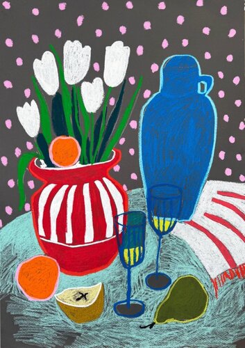 Tulips, Fruit and a Blue Visitor by Sasha Robinson, Work on Paper for Sale on Singulart