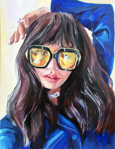 YELLOW AND BLUE - original oil painting, pop art, yellow glasses