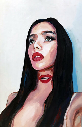 INNER VOICE - original oil painting, woman, portrait, black hair, red lips, home decor, gift, white, blue, sex and nude van Sasha Robinson, Schilderij te koop op Singulart