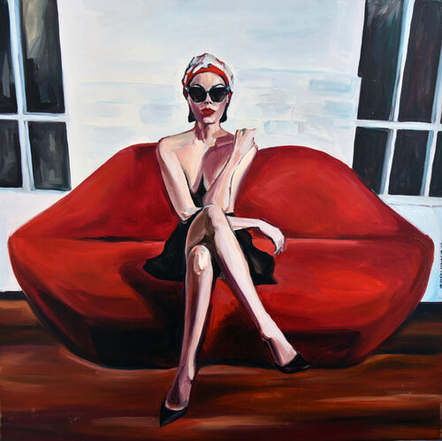 Chic Confidence on a Red Couch di Sasha Robinson, Pittura in vendita su Singulart