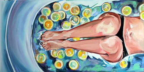 BITTER LEMON - lover, original oil painting, bathing, gift, yellow, legs, girl, love and sex, water, blue van Sasha Robinson, Schilderij te koop op Singulart