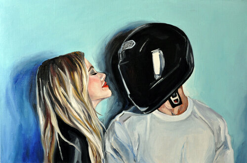 THE HELMET - blue, helmet, black, leather jacket, blonde girl, love and sport, red lipstick, guy, fine art, oil on canvas van Sasha Robinson, Schilderij te koop op Singulart