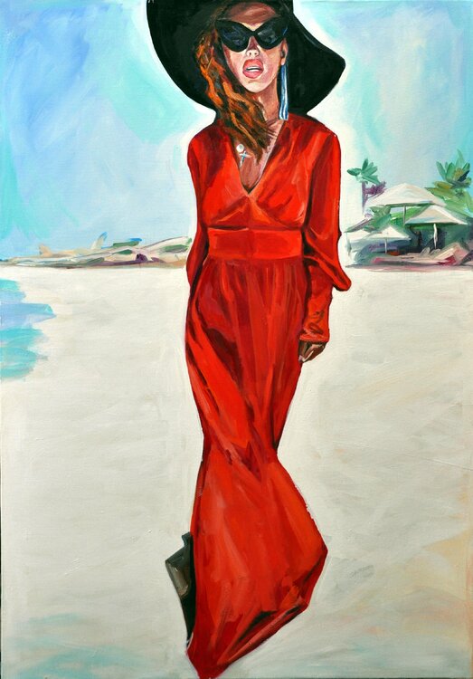WOMAN IN RED - red dress, woman, beach, black hat, sunglasses, oil painting, gift, dream, red, wall art, interior art Sasha Robinson