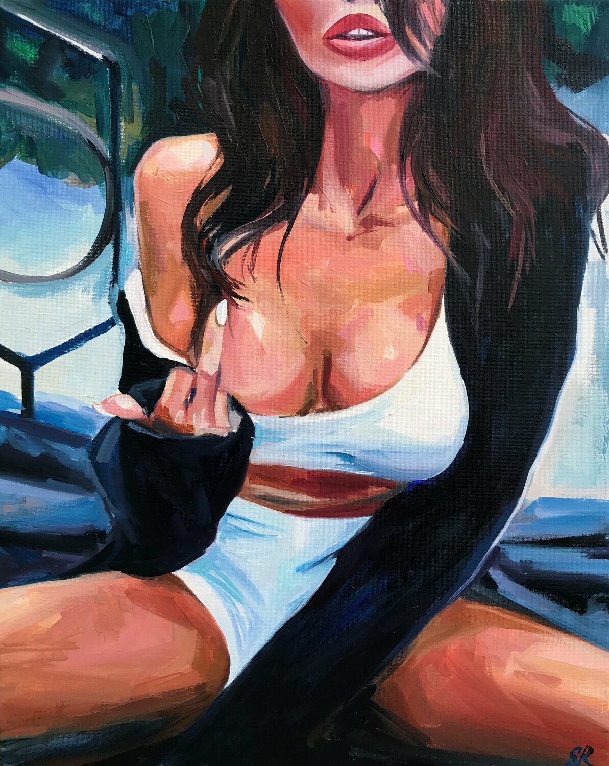 Fuck You All - oil painting, original gift, girl, middle finger, leg, office decor, home interior, wall art by Sasha Robinson (2021) Painting Oil on Canvas