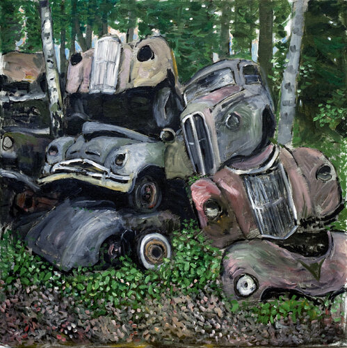 Old cars in the wood de Anders Post, Pintura a la venta en Singulart