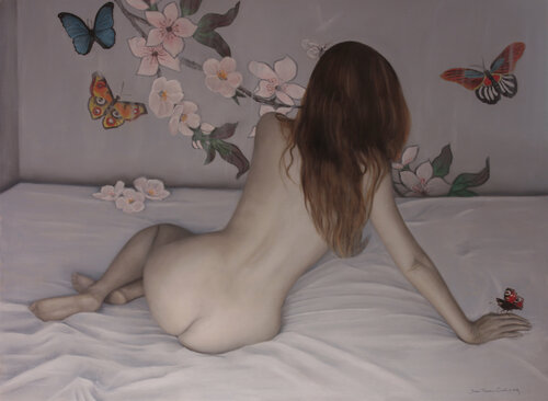 La Dame aux Papillons par Jean-Pierre André Leclercq, Peinture en vente sur Singulart