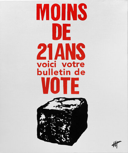 "  Moins de 21 ans…" Fac-similé affiche Mai 68 van Jean Jacques Venturini, Schilderij te koop op Singulart