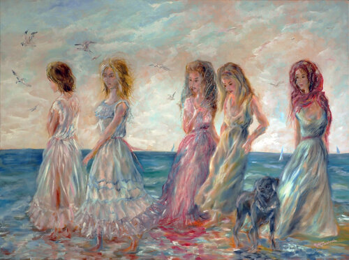 Women at the Coastline - a study by Ruslana Levandovska, Painting for Sale on Singulart