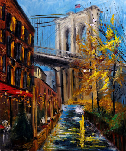 Autumn at Brooklyn Bridge in DUMBO, New York di Ruslana Levandovska, Pittura in vendita su Singulart