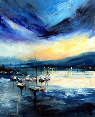 Sailboats at Evening Lake di Ruslana Levandovska, Pittura in vendita su Singulart