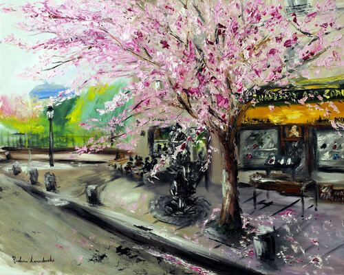 Cherry Blossoms by Shakespeare & Company, Paris par Ruslana Levandovska, Peinture en vente sur Singulart
