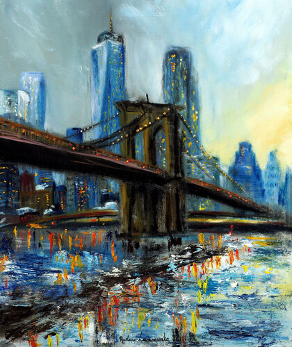 Brooklyn Bridge, view of Manhattan par Ruslana Levandovska, Peinture en vente sur Singulart