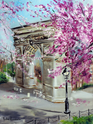 Cherry Blossoms at Washington Square Park, New York de Ruslana Levandovska, Pintura a la venta en Singulart