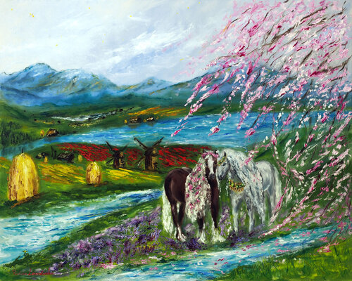 Horses in the landscape par Ruslana Levandovska, Peinture en vente sur Singulart