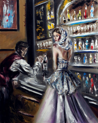 A Veiled Woman at the Bar von Ruslana Levandovska, Malerei kaufen auf Singulart