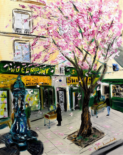 Cherry Blossoms at Shakespeare and Co, Paris - with gold embellishment by Ruslana Levandovska, Painting for Sale on Singulart
