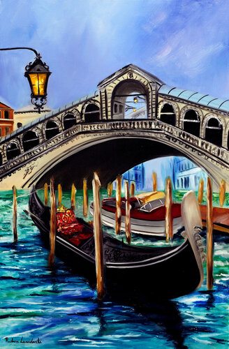 Gondolas at the Rialto Bridge in Venice van Ruslana Levandovska, Schilderij te koop op Singulart